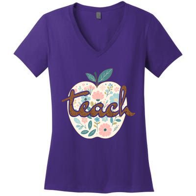 Teacher Apple Floral Women's V-Neck T-Shirt