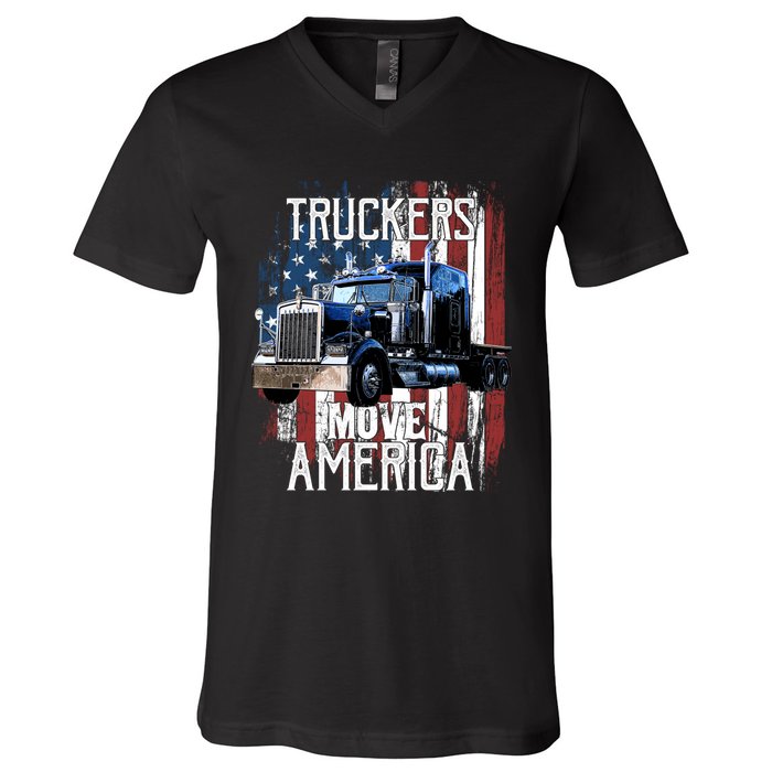 Trucker American Flag Truck Driver Gift V-Neck T-Shirt