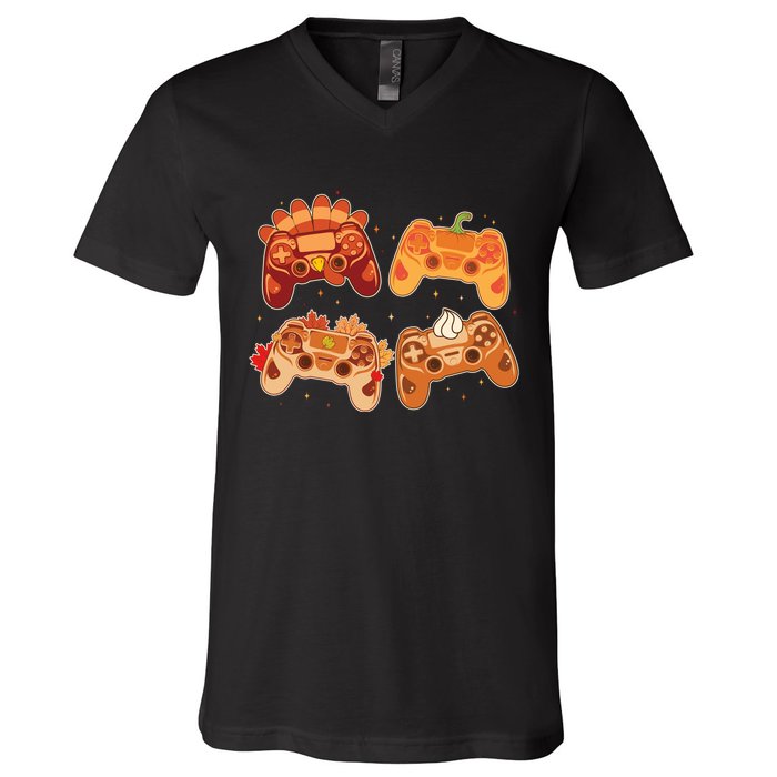 Thanksgiving Autumn Fall Video Game Controllers V-Neck T-Shirt
