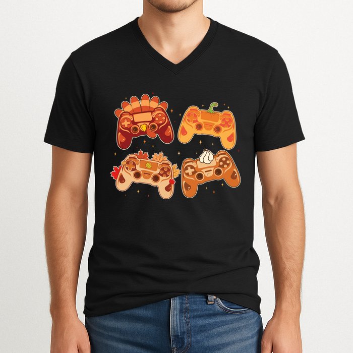 Thanksgiving Autumn Fall Video Game Controllers V-Neck T-Shirt