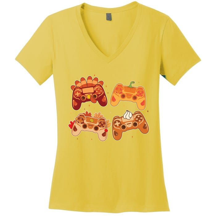 Thanksgiving Autumn Fall Video Game Controllers Women's V-Neck T-Shirt