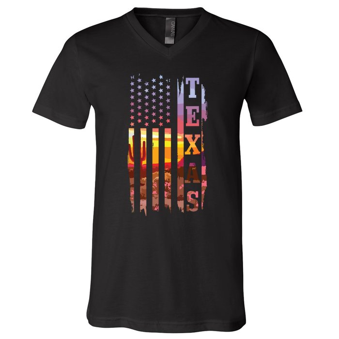 Texas American Flag Pride Landscape Cactus Patriotic Gift V-Neck T-Shirt