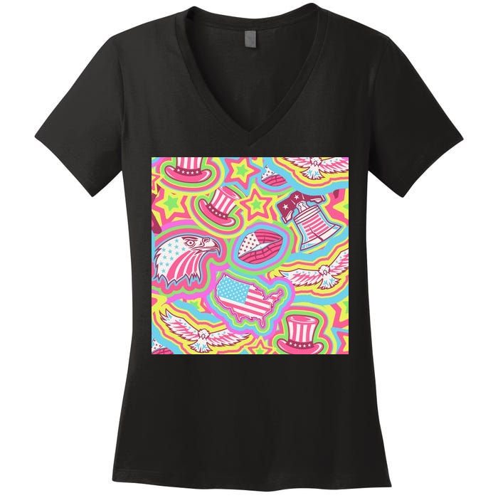 Trippy American Flag Pattern Women's V-Neck T-Shirt