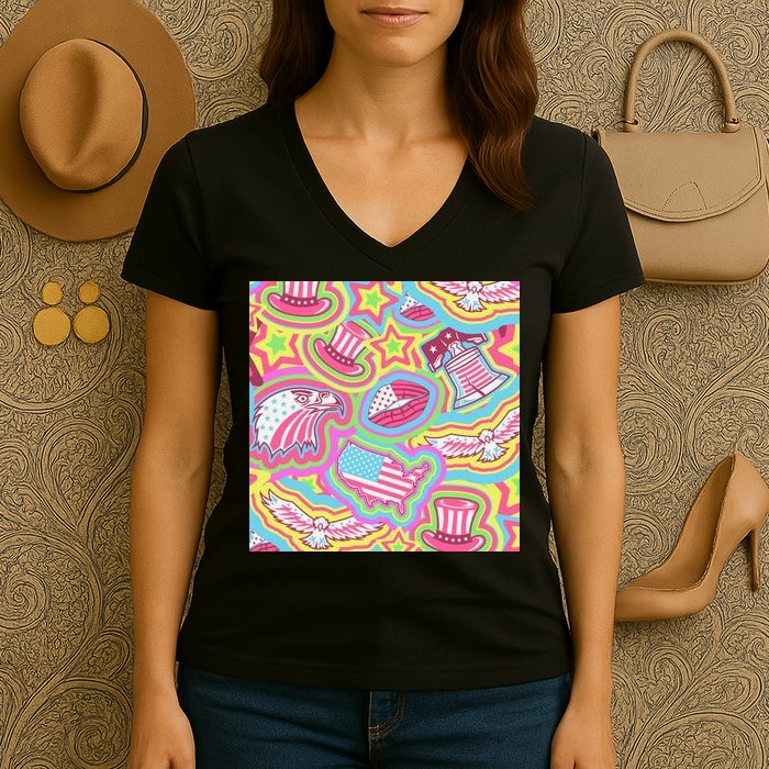 Trippy American Flag Pattern Women's V-Neck T-Shirt