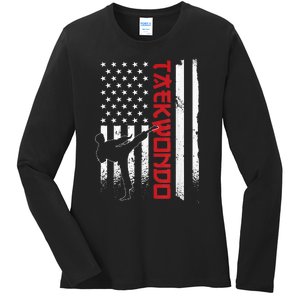 Taekwondo American Flag Taekwondo Fighter Us Flag Ladies Long Sleeve Shirt