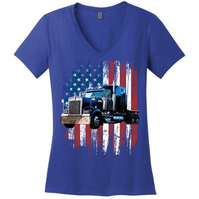 Trucker American Flag Truck Driver Gift Truck Driver Gift Women's V-Neck T-Shirt
