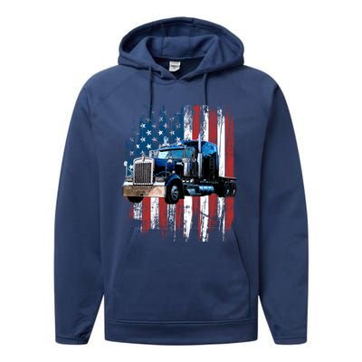 Trucker American Flag Truck Driver Gift Truck Driver Gift Performance Fleece Hoodie