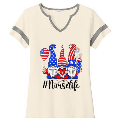 Three American Gnomes Nurses 4th Of July Nurse Life Ladies Halftime Notch Neck Tee