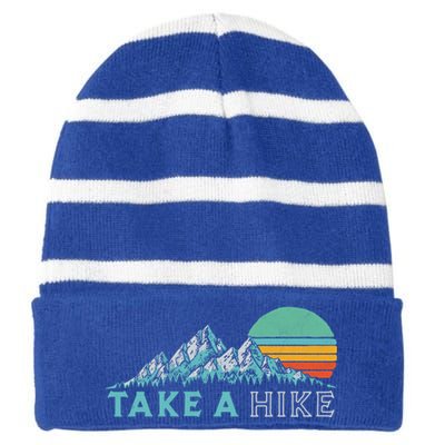 Take A Hike Funny Gift Retro Vibe Mountains 70's Hiking Gift Striped Beanie with Solid Band