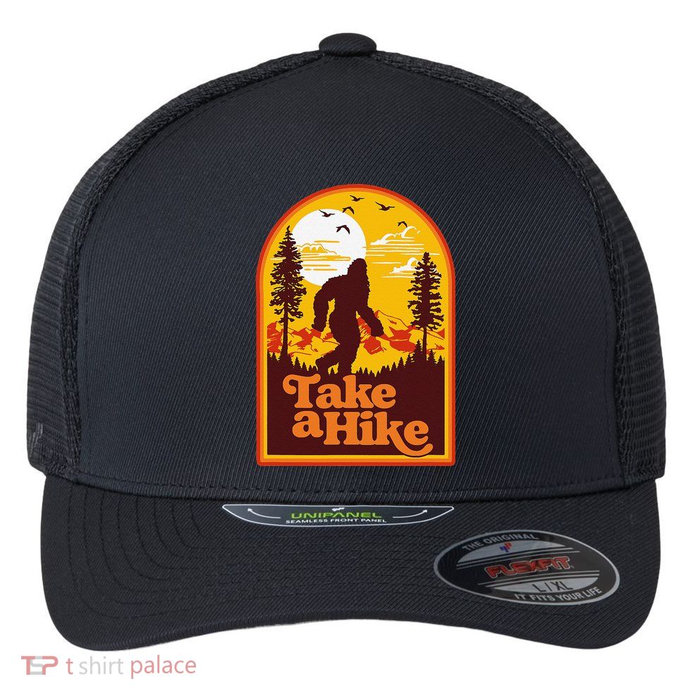 Take A Hike Bigfoot Earth Day Retro Sasquatch Hiking Camping Flexfit Unipanel Trucker Cap