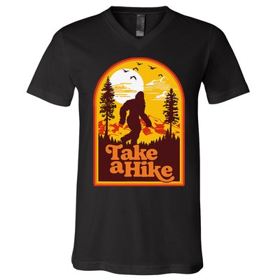 Take A Hike Bigfoot Earth Day Retro Sasquatch Hiking Camping V-Neck T-Shirt