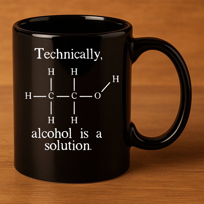 Technically Alcohol is a Solution Funny Nerd Beer Chemistry 11oz C Handle Ceramic Mug