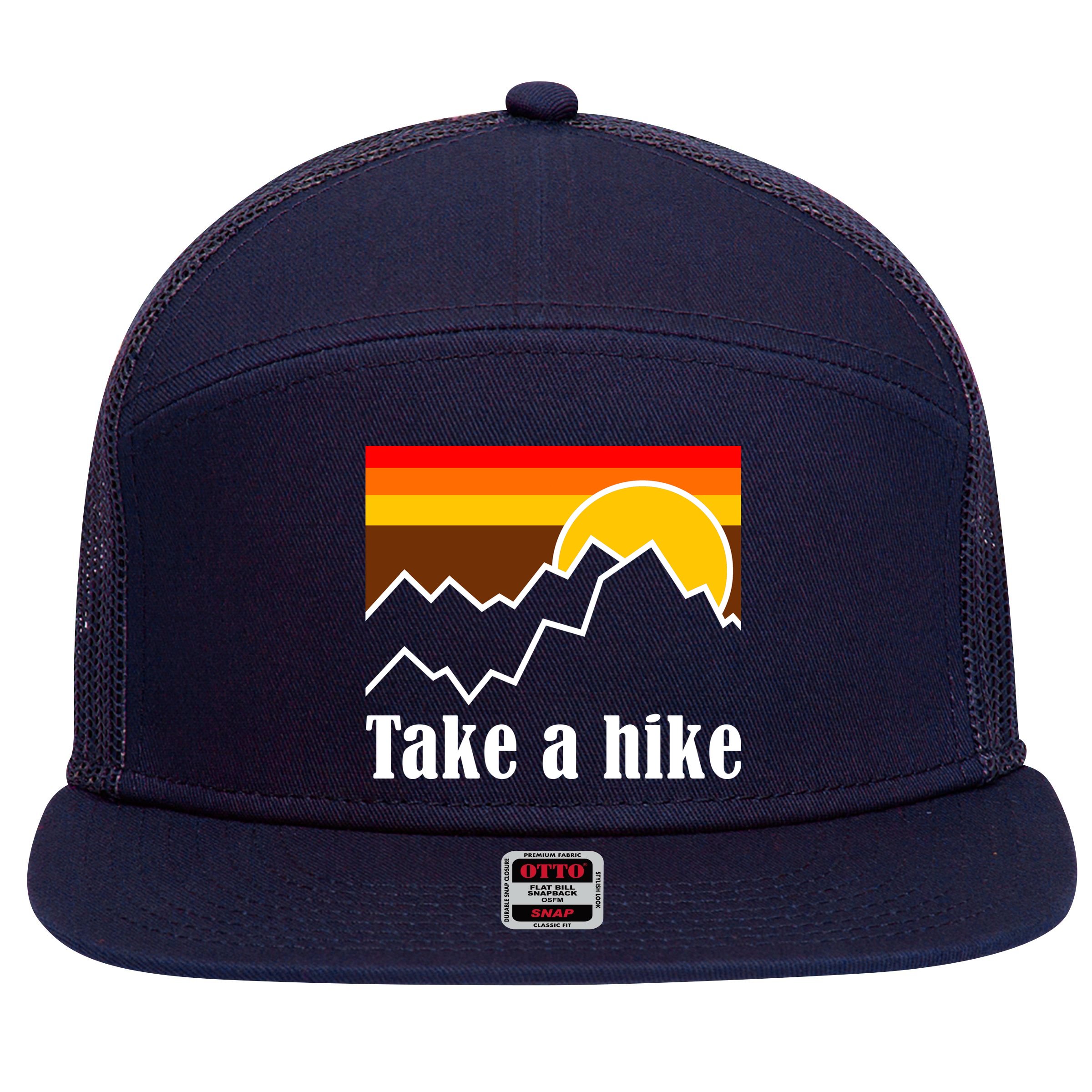 Take A Hike Sunset Funny Hiking 7 Panel Mesh Trucker Snapback Hat