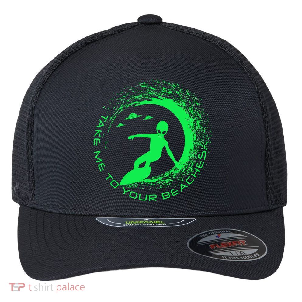 Take Me To Your Beaches Alien Flexfit Unipanel Trucker Cap