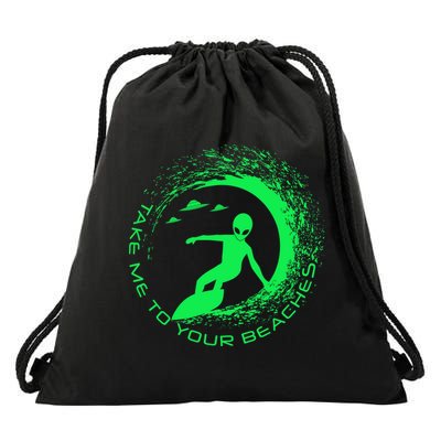 Take Me To Your Beaches Alien Drawstring Bag