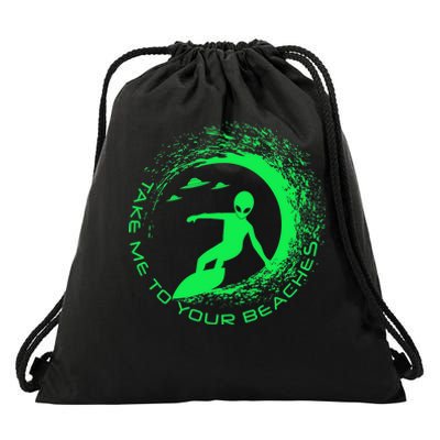 Take Me To Your Beaches Alien Drawstring Bag