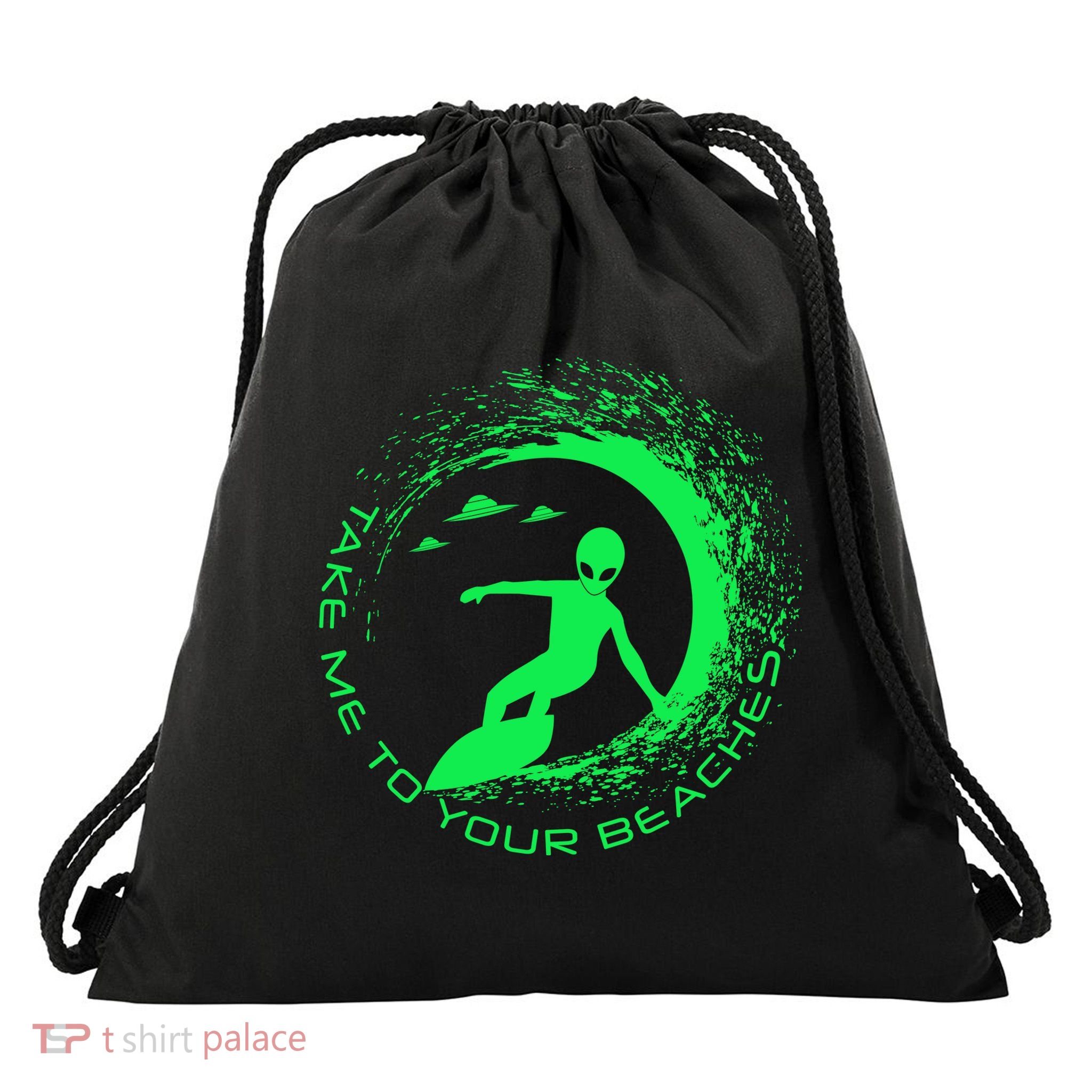 Take Me To Your Beaches Alien Drawstring Bag