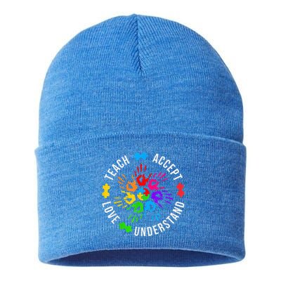 Teach Accept Love Understand Wo Teacher Autism Awareness Sustainable Knit Beanie