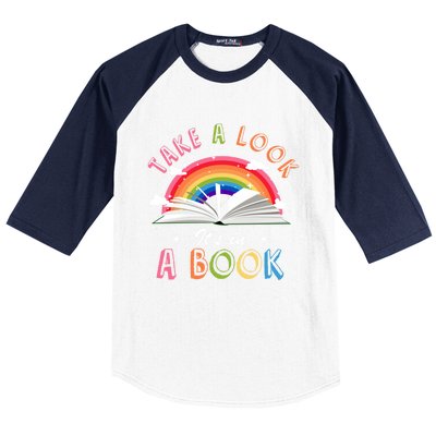 Take A Look Its In A Book Reading Vintage Retro Rainbow Cool Gift Baseball Sleeve Shirt