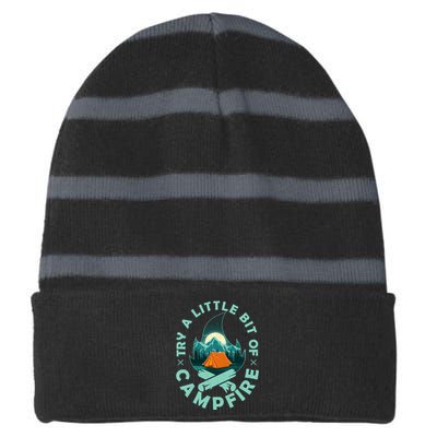 Try A Little Bit Of Campfire Camping Lover Striped Beanie with Solid Band