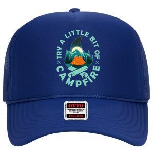 Try A Little Bit Of Campfire Camping Lover High Crown Mesh Back Trucker Hat