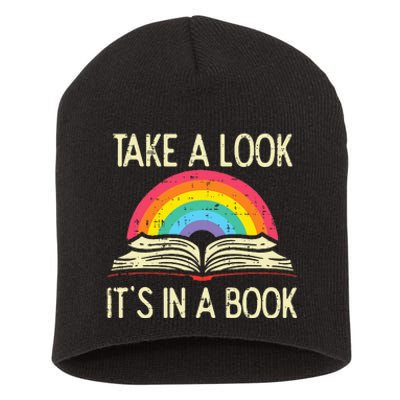 Take A Look Its In A Book Vintage Reading Bookworm Librarian Short Acrylic Beanie