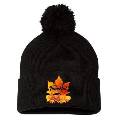 Thankful Autumn Leaves Thanksgiving Fall Pom Pom 12in Knit Beanie