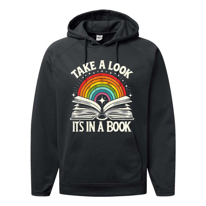 Take A Look A Book Vintage Reading Librarian Rainbow Performance Fleece Hoodie