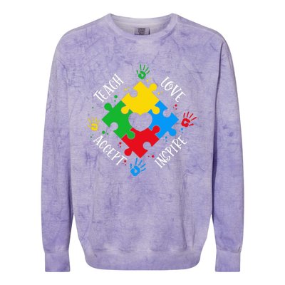 Teach Accept Love Inspire Teacher Autism Colorblast Crewneck Sweatshirt