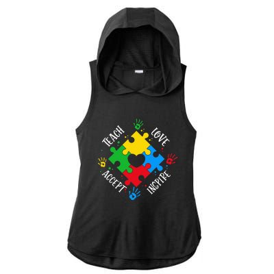 Teach Accept Love Inspire Teacher Autism Ladies PosiCharge Tri-Blend Wicking Draft Hoodie Tank