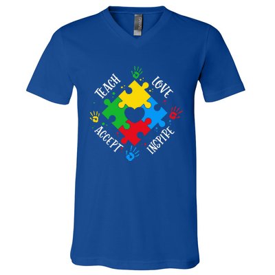 Teach Accept Love Inspire Teacher Autism V-Neck T-Shirt