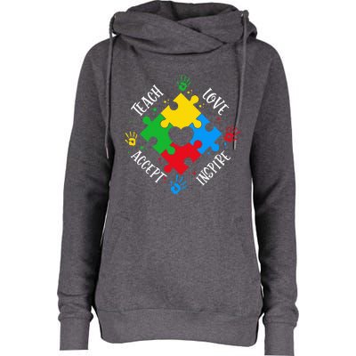 Teach Accept Love Inspire Teacher Autism Womens Funnel Neck Pullover Hood