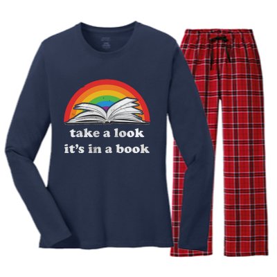 Take A Look It's In A Book Reading Vintage Retro Rainbow Women's Long Sleeve Flannel Pajama Set 