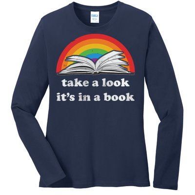 Take A Look It's In A Book Reading Vintage Retro Rainbow Ladies Long Sleeve Shirt