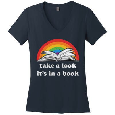 Take A Look It's In A Book Reading Vintage Retro Rainbow Women's V-Neck T-Shirt