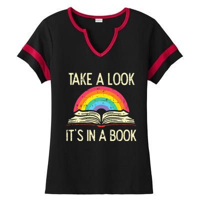 Take A Look Its In A Book Vintage Reading Bookworm Librarian Ladies Halftime Notch Neck Tee