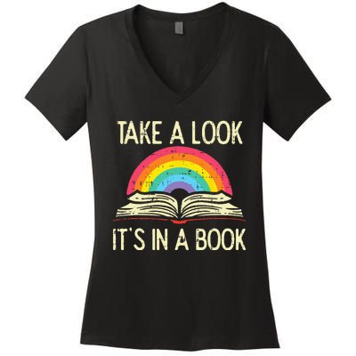 Take A Look Its In A Book Vintage Reading Bookworm Librarian Women's V-Neck T-Shirt