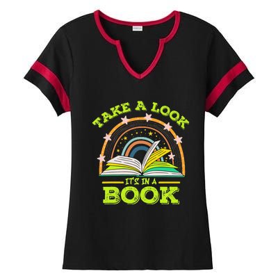 Take A Look Its In A Book Reading Vintage Retro Rainbow Book Ladies Halftime Notch Neck Tee