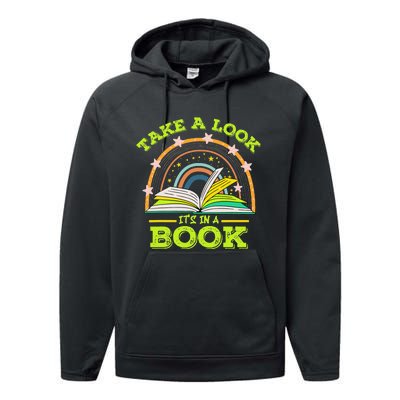 Take A Look Its In A Book Reading Vintage Retro Rainbow Book Performance Fleece Hoodie