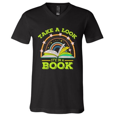 Take A Look Its In A Book Reading Vintage Retro Rainbow Book V-Neck T-Shirt