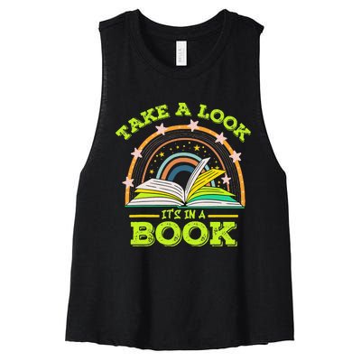 Take A Look Its In A Book Reading Vintage Retro Rainbow Book Women's Racerback Cropped Tank