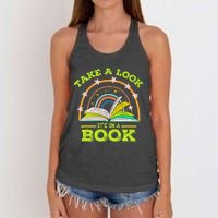 Take A Look Its In A Book Reading Vintage Retro Rainbow Book Women's Knotted Racerback Tank