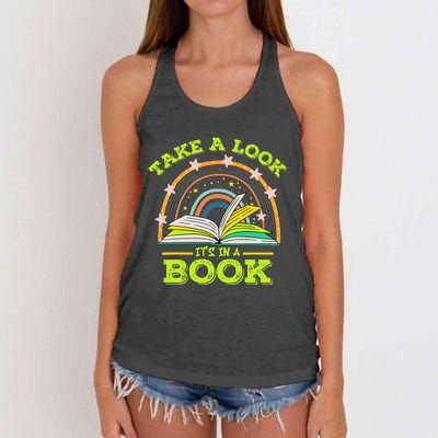 Take A Look Its In A Book Reading Vintage Retro Rainbow Book Women's Knotted Racerback Tank