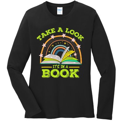 Take A Look Its In A Book Reading Vintage Retro Rainbow Book Ladies Long Sleeve Shirt