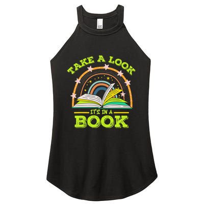 Take A Look Its In A Book Reading Vintage Retro Rainbow Book Women's Perfect Tri Rocker Tank