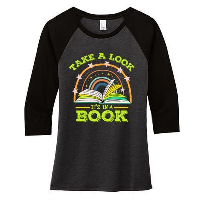 Take A Look Its In A Book Reading Vintage Retro Rainbow Book Women's Tri-Blend 3/4-Sleeve Raglan Shirt