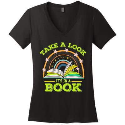 Take A Look Its In A Book Reading Vintage Retro Rainbow Book Women's V-Neck T-Shirt