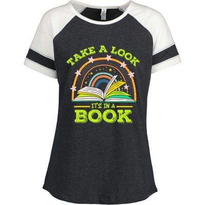 Take A Look Its In A Book Reading Vintage Retro Rainbow Book Enza Ladies Jersey Colorblock Tee