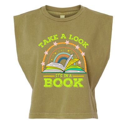 Take A Look Its In A Book Reading Vintage Retro Rainbow Book Garment-Dyed Women's Muscle Tee