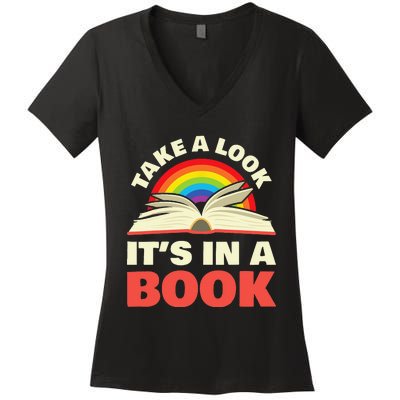 Take A Look It's In A Book Reading Retro Rainbow Books Lover Women's V-Neck T-Shirt